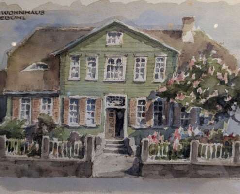 Aquarell von Heinlein, welches Storms Wohnhaus am Liesebühl abbildet.