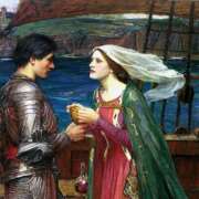 Ein Gemälde zeigt einen Mann in Rüstung welcher einen goldenen Kelch von einer Frau in einem roten Kleid und weißem Schleier überreicht bekommt. Sie stehen auf einem Schiff auf dem Meer. Im Hintergrund steht eine Burg.