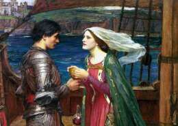 Ein Gemälde zeigt einen Mann in Rüstung welcher einen goldenen Kelch von einer Frau in einem roten Kleid und weißem Schleier überreicht bekommt. Sie stehen auf einem Schiff auf dem Meer. Im Hintergrund steht eine Burg.