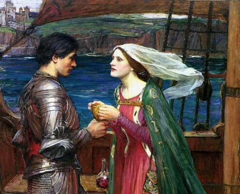 Ein Gemälde zeigt einen Mann in Rüstung welcher einen goldenen Kelch von einer Frau in einem roten Kleid und weißem Schleier überreicht bekommt. Sie stehen auf einem Schiff auf dem Meer. Im Hintergrund steht eine Burg.